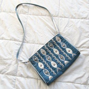 Vintage 90s Denim Shoulder Bag Silver Metallic Accents Warren Reed Purse